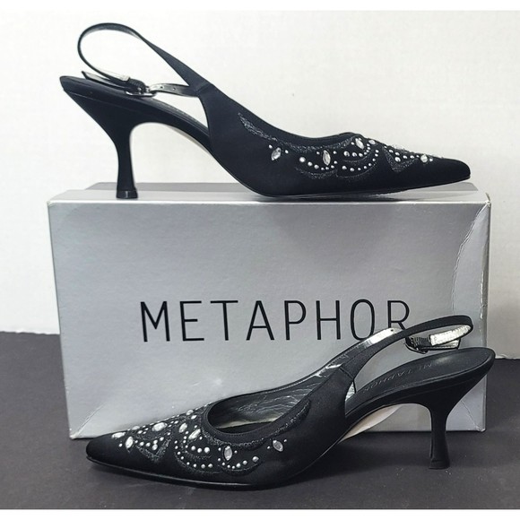 Shoes - NIB Metaphor Black Bejeweled Slingback Heels - Size 8